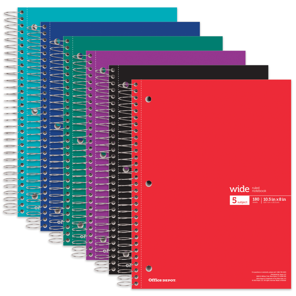 Office Depot Wirebound Notebooks, 8in x 10-1/2in, 5 Subjects, Wide Ruled, 180 Sheets, Assorted Colors, Pack Of 6 Notebooks