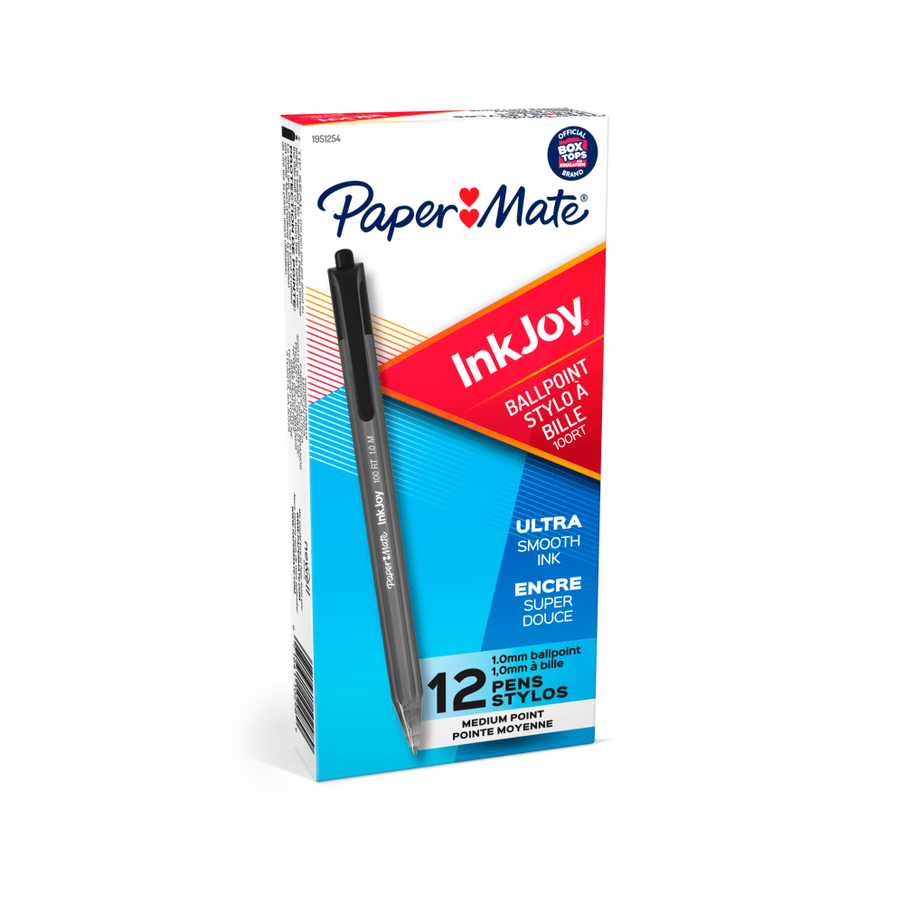 Paper Mate InkJoy 100 RT Pens, Medium Point, 1.0 mm, Translucent Black Barrels, Black Ink, Pack Of 12