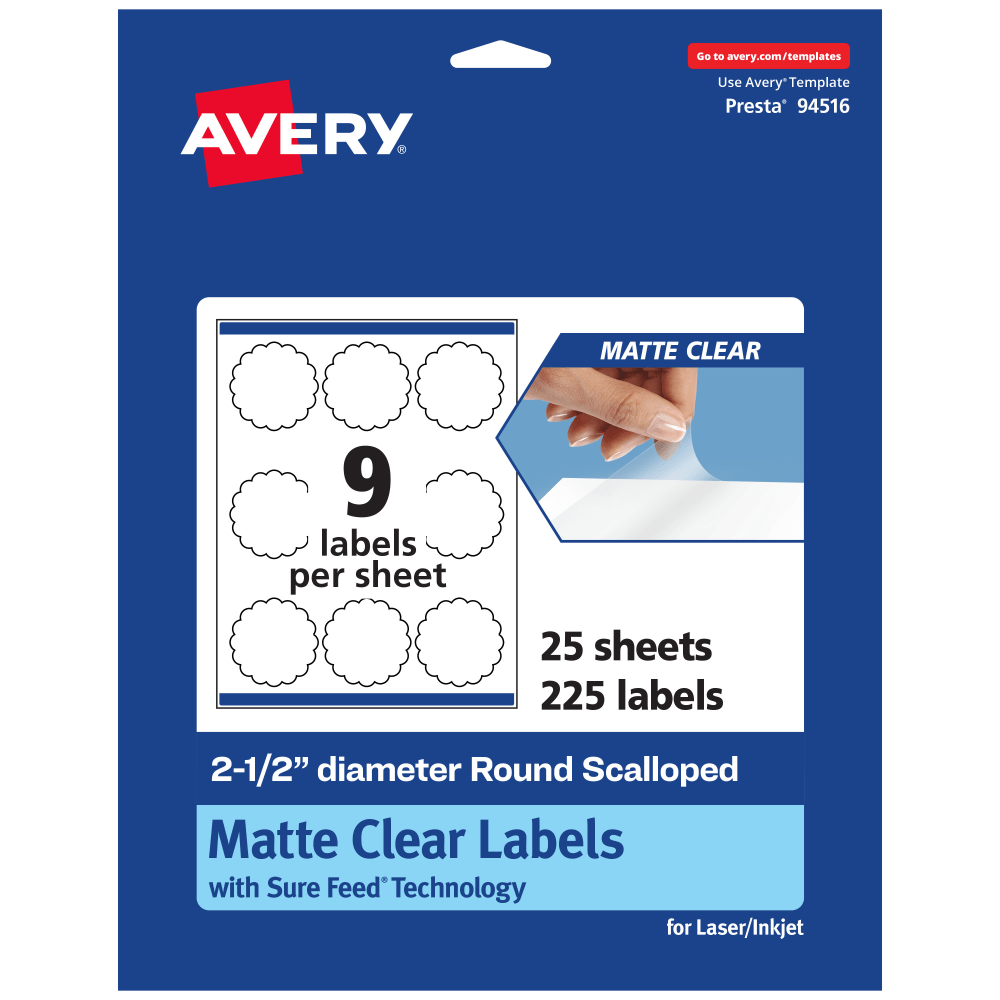 Avery Permanent Labels With Sure Feed, 94516-CMF25, Round Scalloped, 2-1/2in, Matte Clear, Pack Of 225