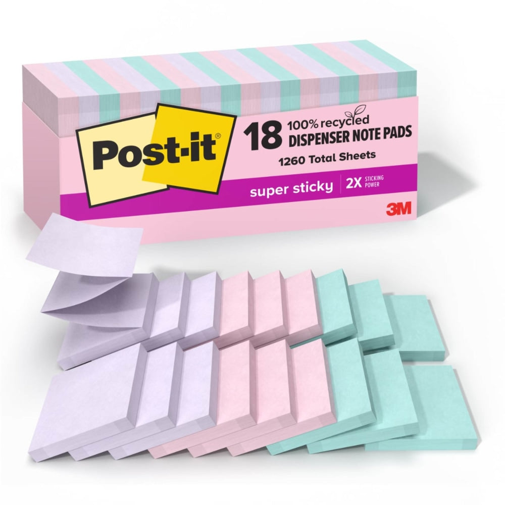 Post-it Super Sticky 100% Recycled Paper Notes, 3 x 3 in, 18 Sticky Pads, 70 Sheets/Pad, 2X the Sticking Power, School Supplies, Wanderlust Pastels