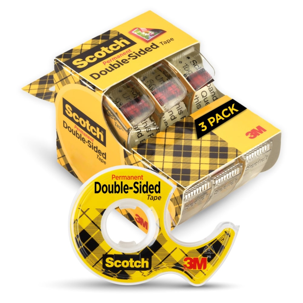 Scotch Double Sided Tape, Permanent, 1/2 in x 250 in, 3 Tape Rolls, Clear, Back to School Supplies, College Supplies, and Teacher Supplies
