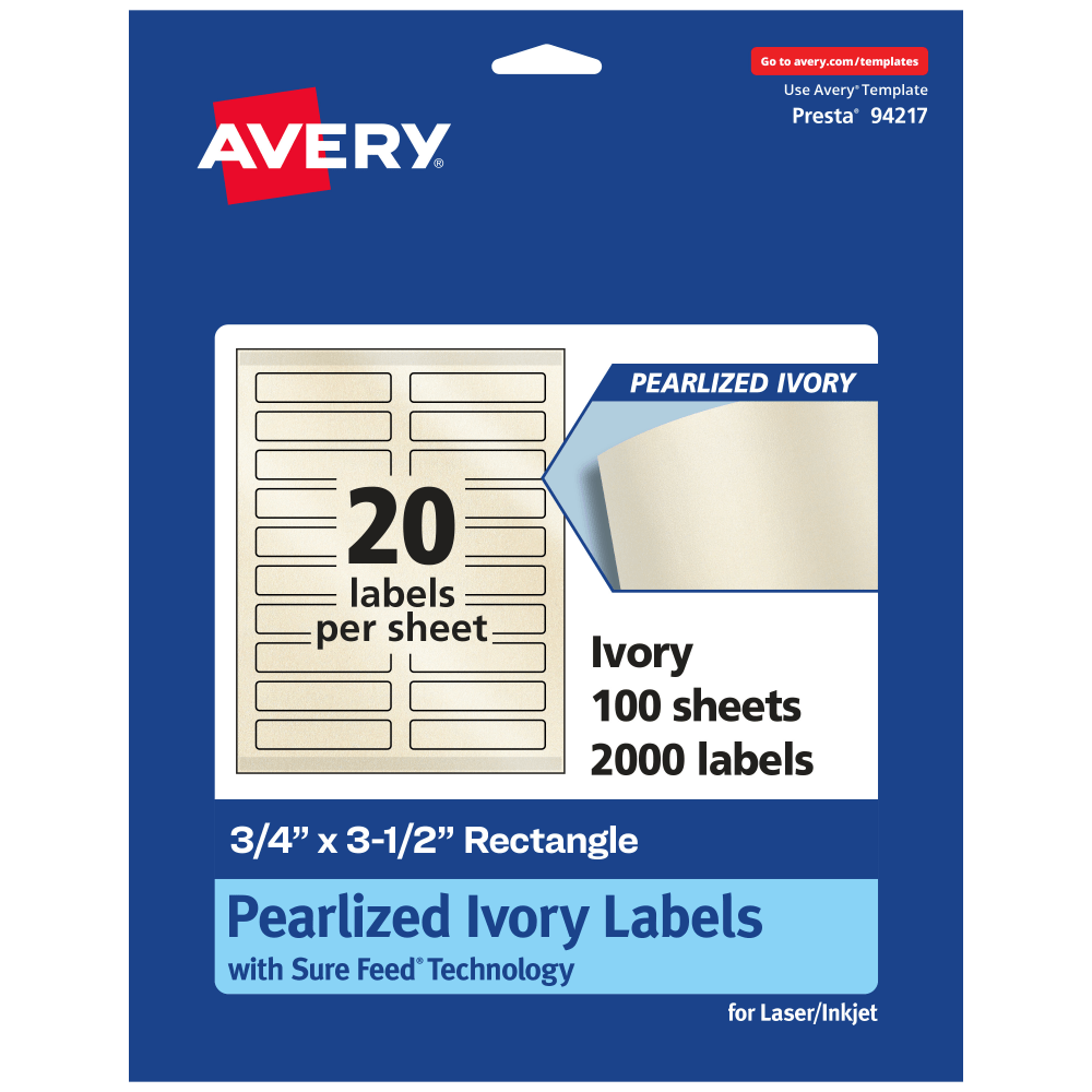 Avery Pearlized Permanent Labels With Sure Feed, 94217-PIP100, Rectangle, 3/4in x 3-1/2in, Ivory, Pack Of 2,000 Labels