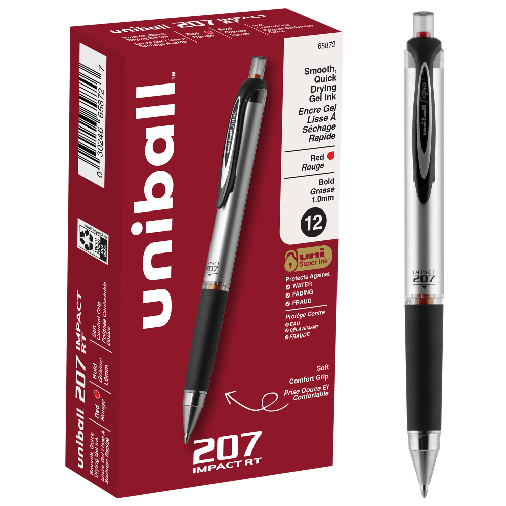 uni-ball RT Gel Pens, 207 Impact, Bold Point, 1.0 mm, Gray Barrel, Red Ink, Pack Of 12