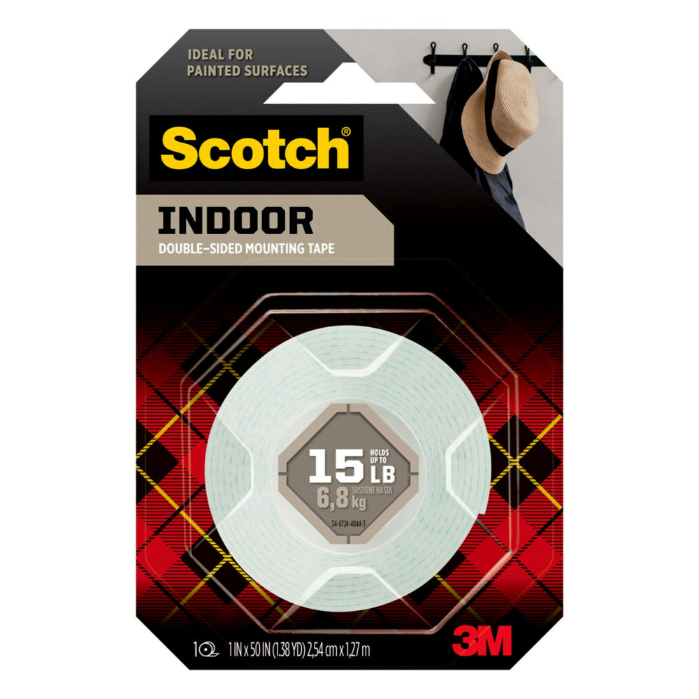 Scotch Indoor Double-Sided Mounting Tapel, 1 x 50 in, 1 White Tape Roll, Holds up to 15 lbs, Industrial Strength Adhesive, Multi-Surface Use