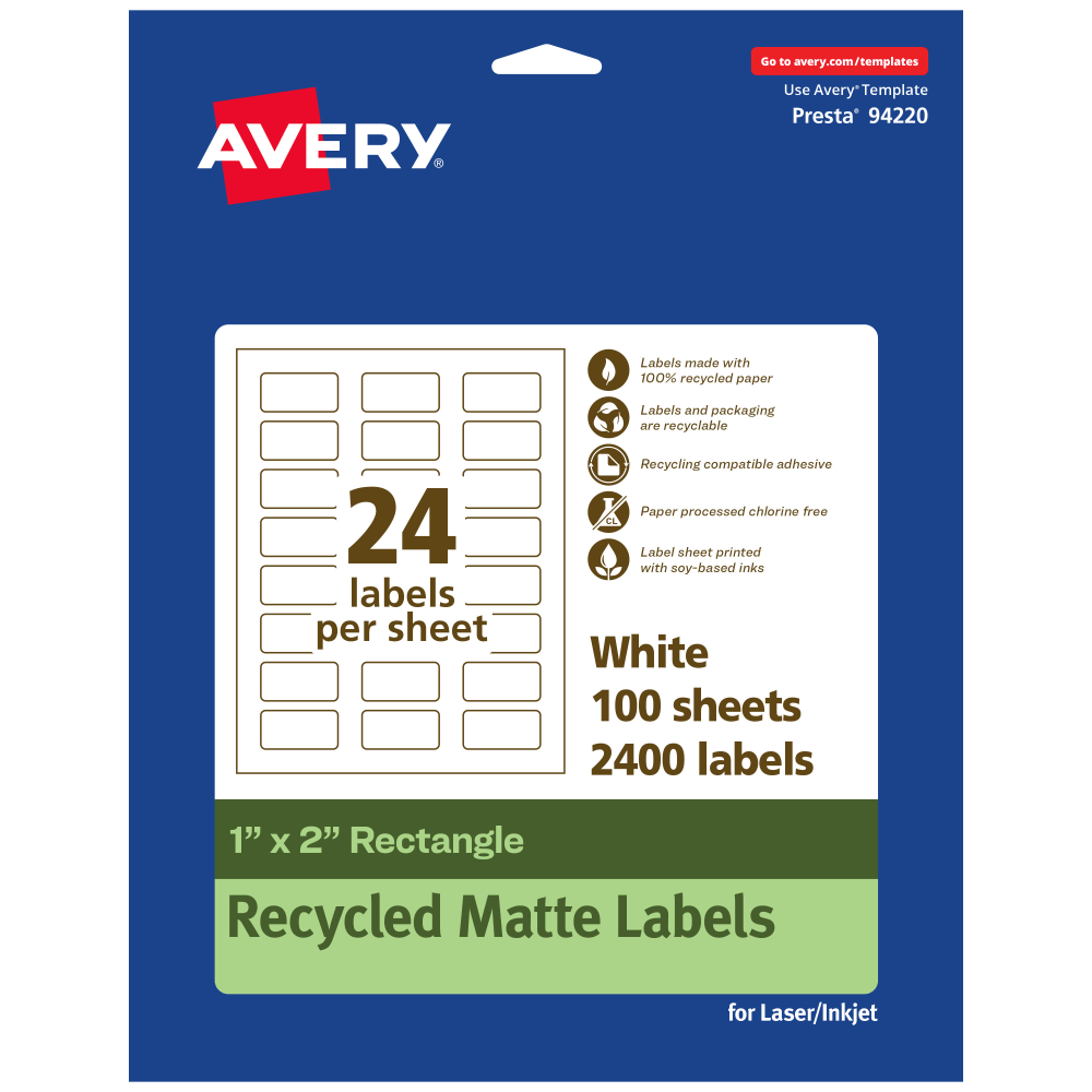 Avery Recycled Paper Labels, 94220-EWMP100, Rectangle, 1in x 2in, White, Pack Of 2400