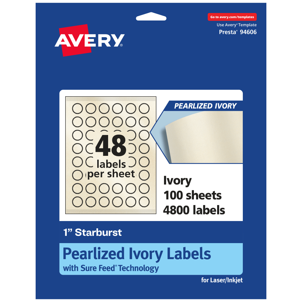 Avery Pearlized Permanent Labels With Sure Feed, 94606-PIP100, Starburst, 1in, Ivory, Pack Of 4,800 Labels