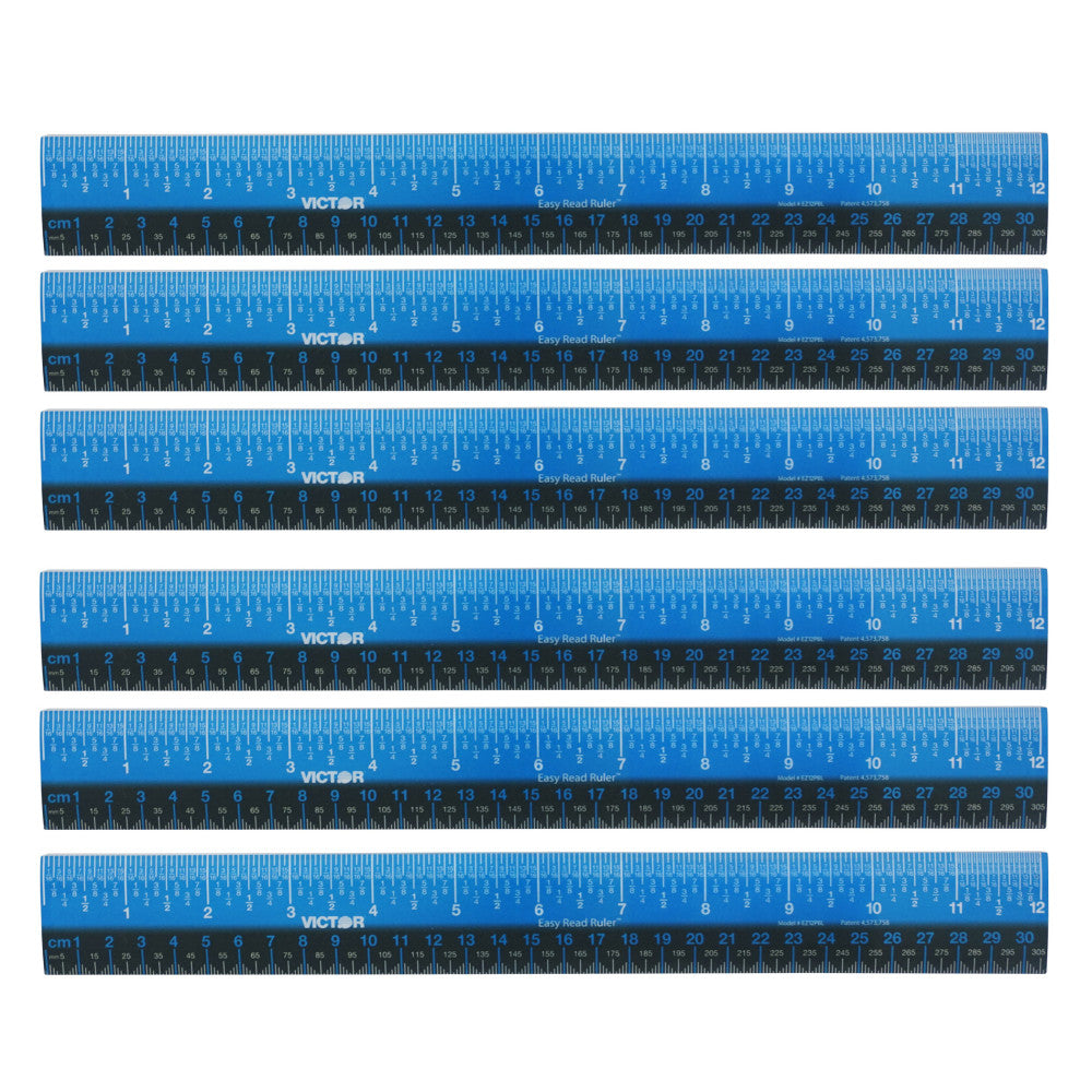 Victor Easy Read Ruler, Plastic, Blue/Black, 12in, Pack Of 6