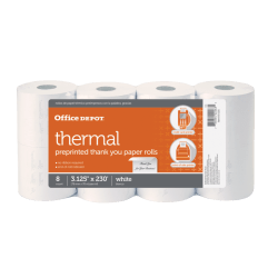 Office Depot Brand Thermal Preprinted "Thank You" Paper Rolls, 3-1/8in x 230ft, White, Pack Of 8