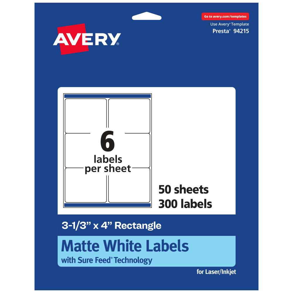 Avery Permanent Labels With Sure Feed, 94215-WMP50, Rectangle, 3-1/3in x 4in, White, Pack Of 300