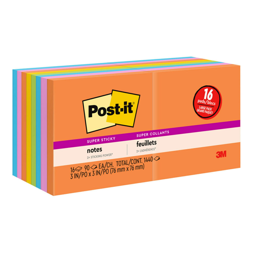 Post-it Super Sticky Notes, 3 x 3 in, 16 Sticky Note Pads, 90 Sheets/Pad, 2X the Sticking Power, School Supplies and Office Products, Energy Boost