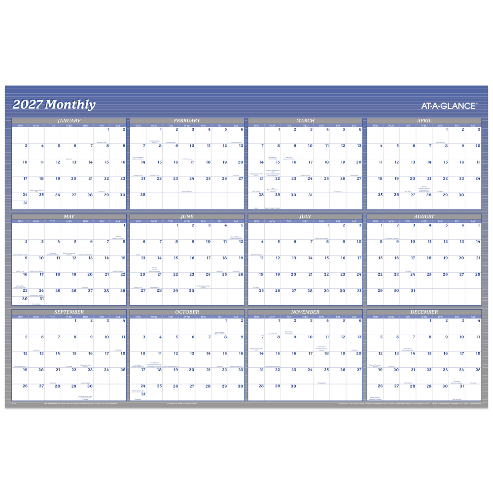 AT-A-GLANCE 2027 Vertical Horizontal Reversible Erasable Yearly Wall Calendar, Blue, Extra Large, 48in x 32in