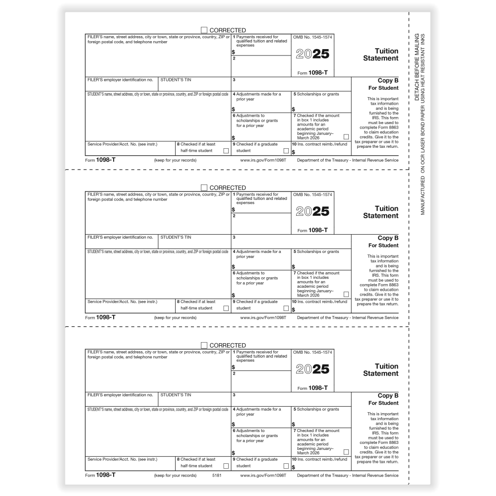 ComplyRight 1098-T Tax Forms, 3-Up, Student Copy B, Laser, 8-1/2in x 11in, Pack Of 150 Forms, 51815025