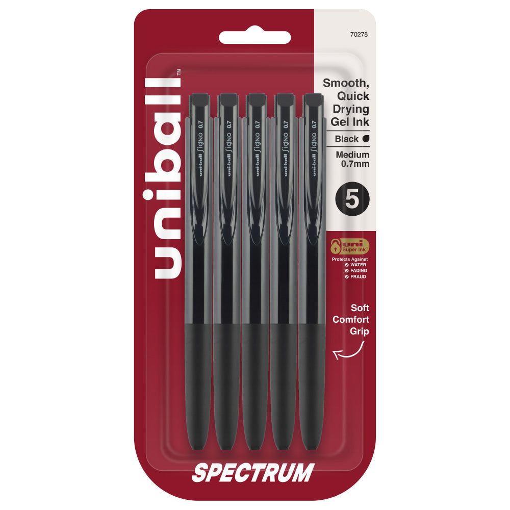uni-ball Spectrum Retractable Gel Pens, Medium Point, 0.7 mm, Black Barrel, Black Ink, Pack Of 5 pens