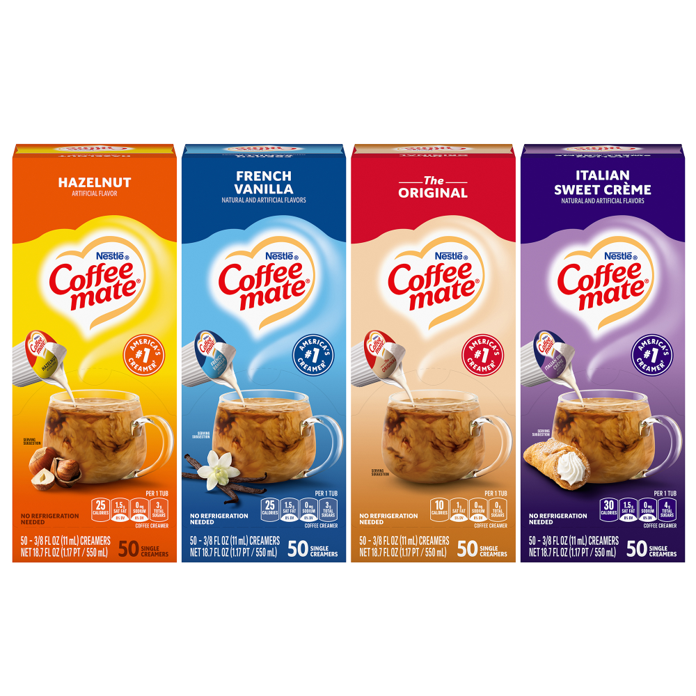 Nestle Coffee-mate Liquid Creamer, Original/French Vanilla/Hazelnut/Italian Sweet Creme Flavor Variety Pack, 0.37 Oz Single Serve x 200