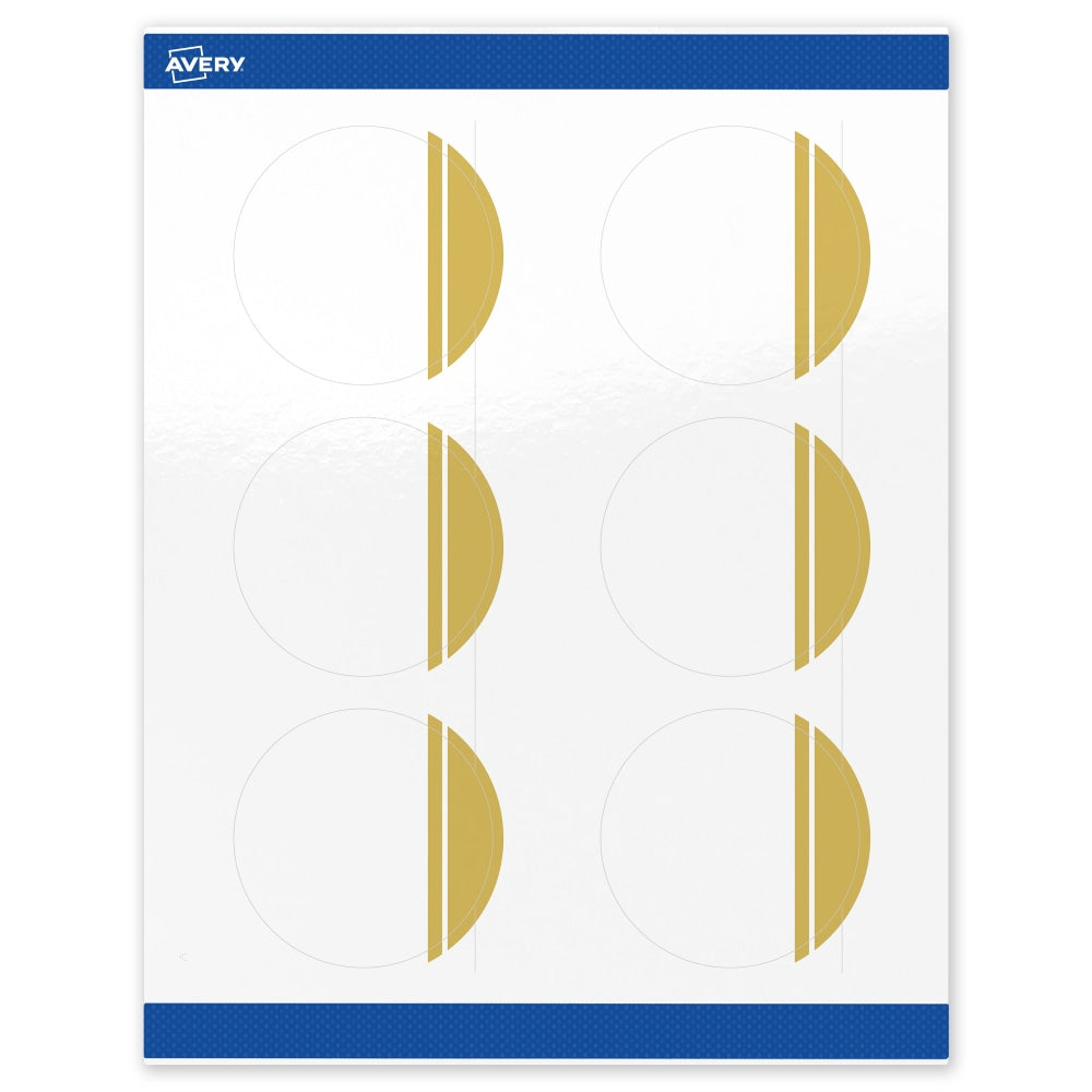 Avery Print-To-The-Edge Labels & Sure Feed, S00-DKB-PRWGP10, 3in Round, Glossy White, Preprinted Double Dipped Gold Edge Design, Pack Of 60