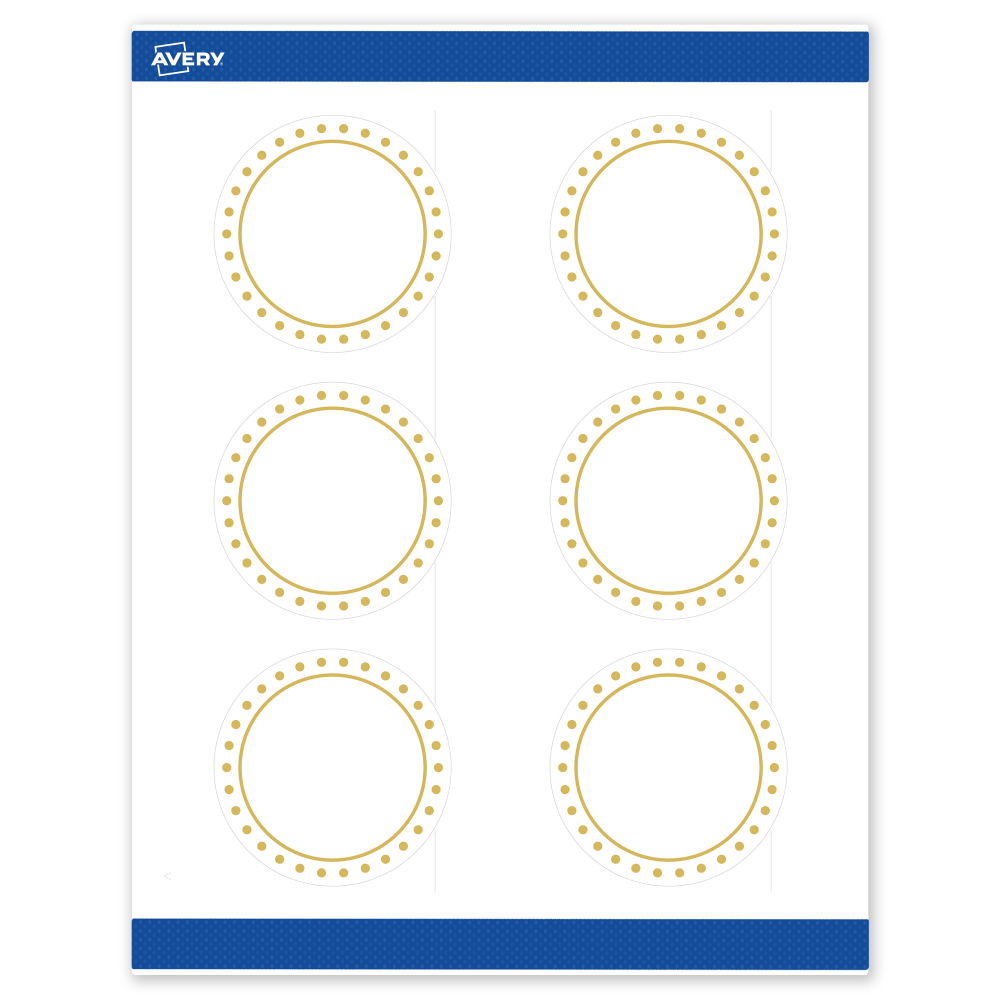 Avery Print-To-The-Edge Labels & Sure Feed, S00-DHX-PRWMP10, 3in Round, Matte White, Preprinted Gold Border & Gold Dots Design, Pack Of 60