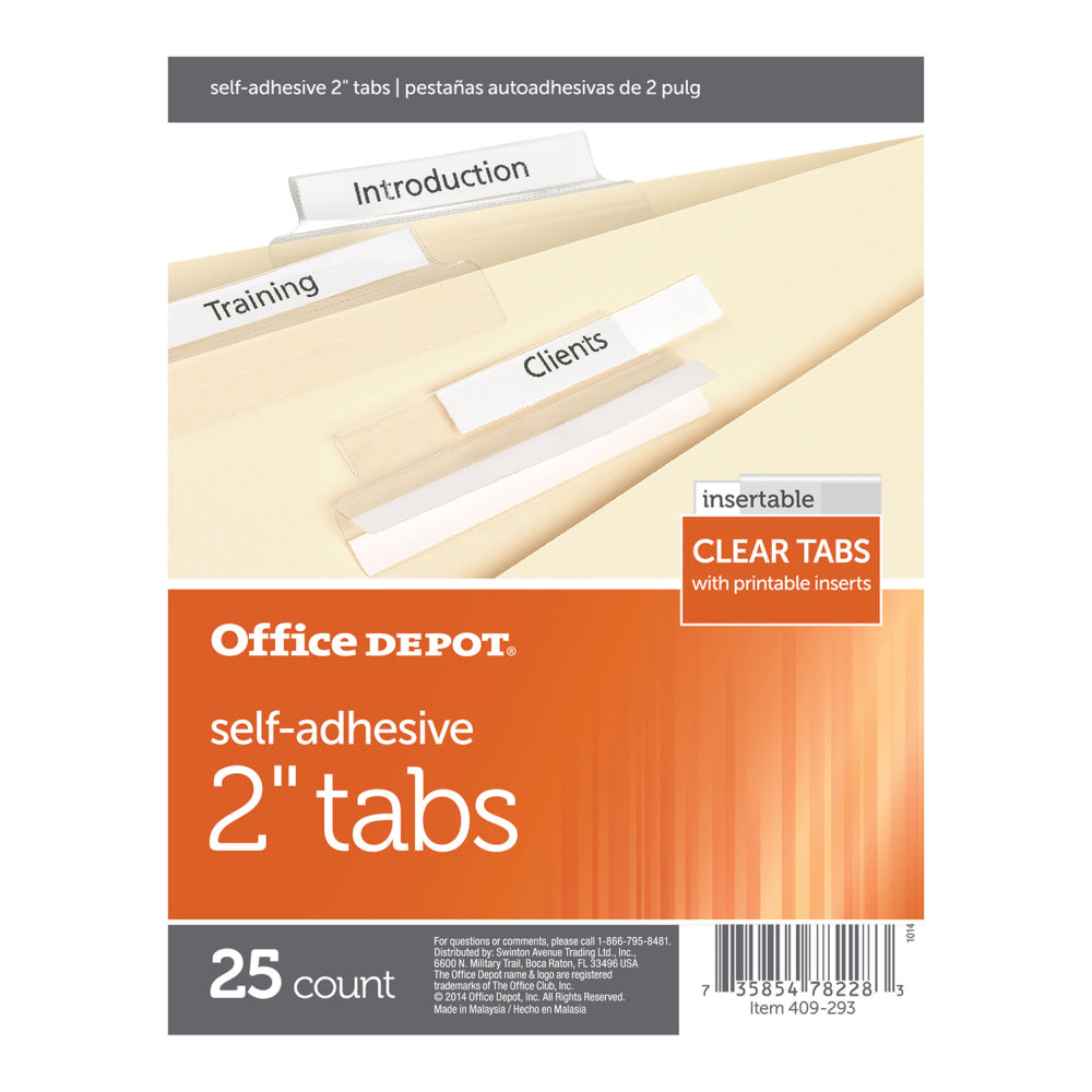 Office Depot Brand Self-Adhesive Tabs With Printable Inserts, 2in, Clear, Pack Of 25