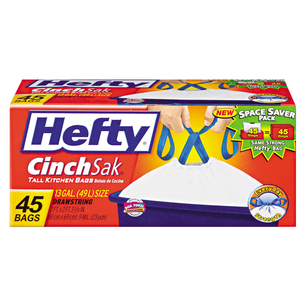 Hefty Cinch Sak Tall Kitchen Bags, White, 0.9 mil, 13 Gallons, Box Of 45