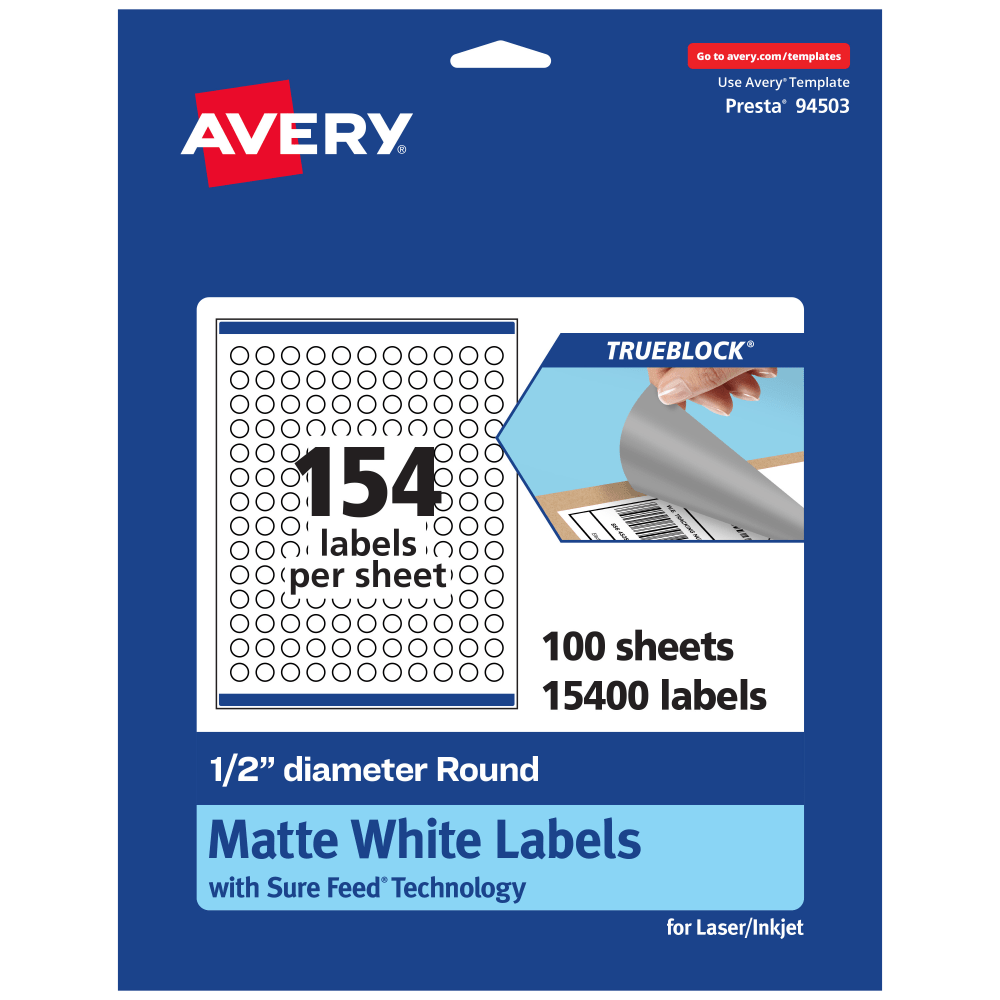 Avery Print-To-The-Edge TrueBlock Labels With Sure Feed, 94503-TWMP100, Round, 1/2in, Matte White, Pack Of 15400