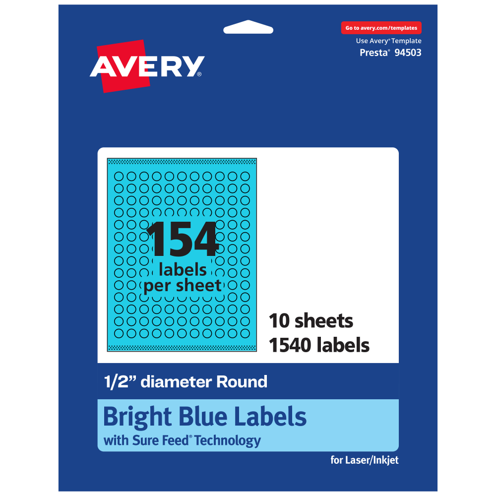 Avery Print-To-The-Edge Labels With Sure Feed Technology And Easy Peel Label Feature, 94503-BBP10, Round, 1/2in, Matte Bright Blue, Pack of 1540