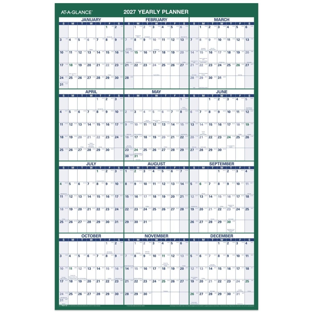AT-A-GLANCE 2027 Vertical Reversible Erasable Yearly Wall Calendars