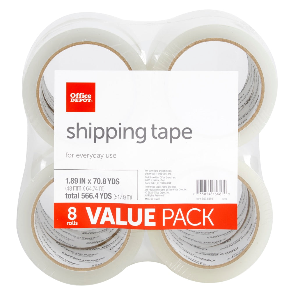Office Depot Brand Shipping Packing Tape, 1.89in x 70.8 Yd, Clear, Pack Of 8 Rolls