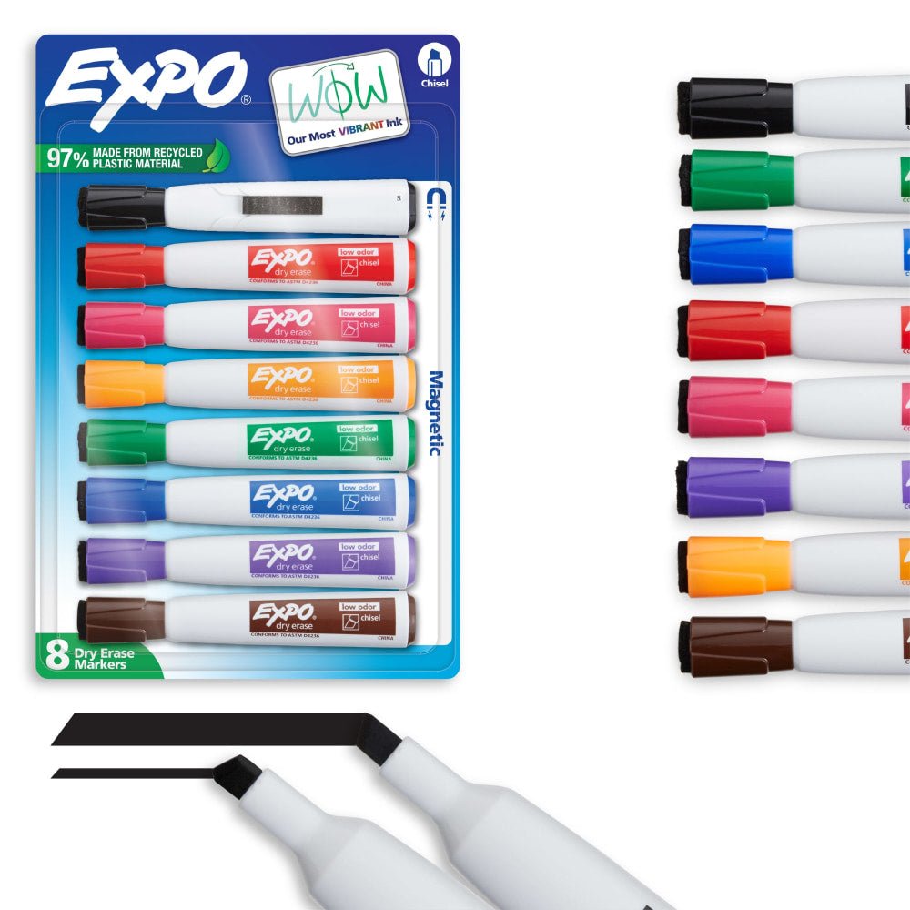 EXPO Magnetic Dry Erase Markers With Eraser, Chisel Tip, Assorted Ink Colors, Pack Of 8