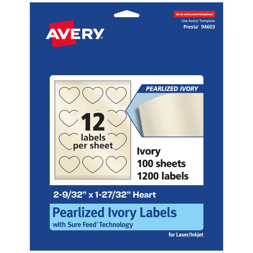 Avery Pearlized Permanent Labels With Sure Feed, 94603-PIP100, Heart, 2-9/32in x 1-27/32in, Ivory, Pack Of 1,200 Labels