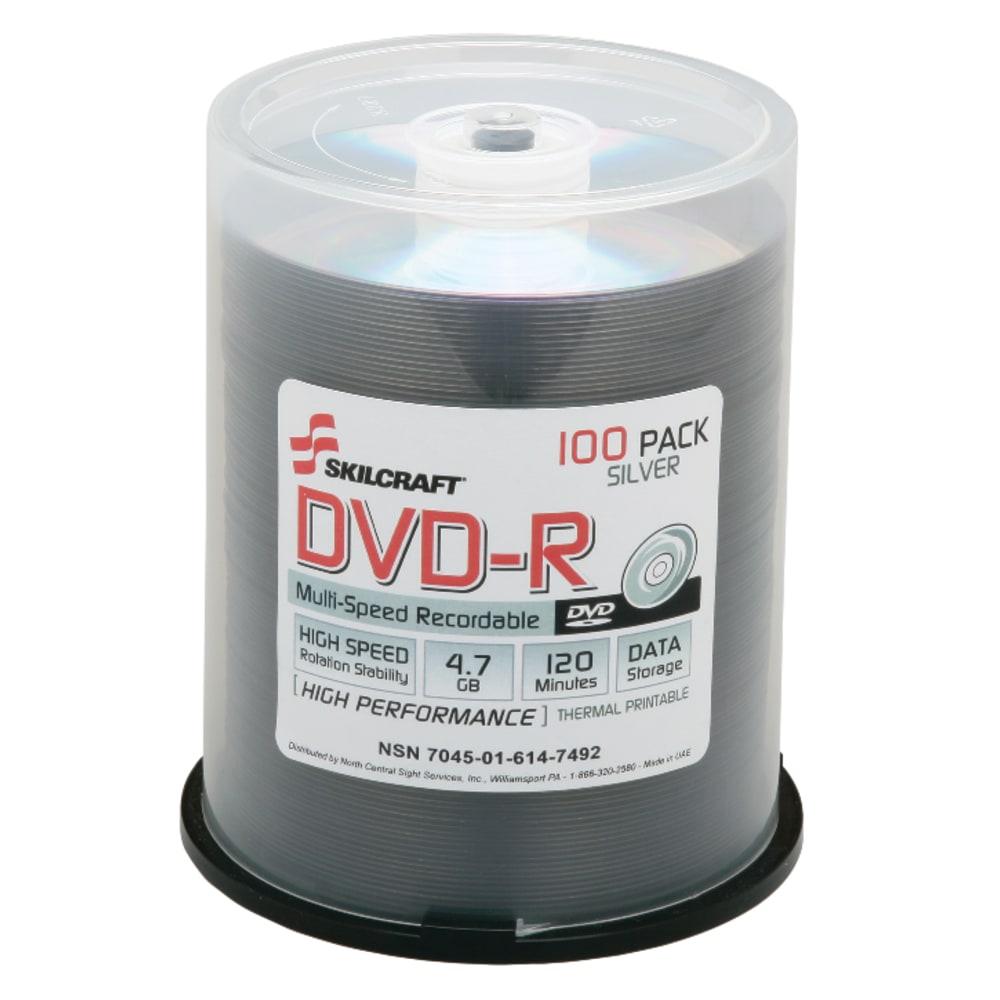 SKILCRAFT DVD-R Discs, Pack Of 100 (AbilityOne 7045-01-614-7492)