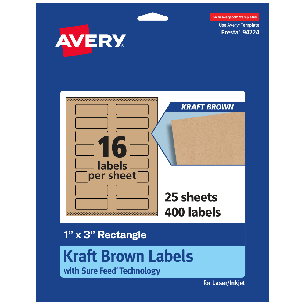 Avery Kraft Permanent Labels With Sure Feed, 94224-KMP25, Rectangle, 1in x 3in, Brown, Pack Of 400