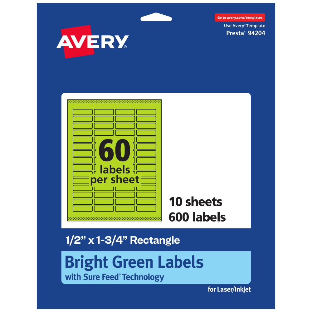 Avery Print-To-The-Edge Labels With Sure Feed Technology And Easy Peel, 94204-BGP10, Rectangle, 1/2in x 1-3/4in, Matte Bright Green, Pack of 600