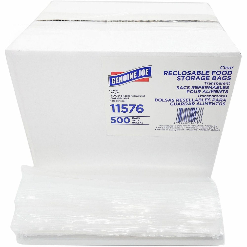 Genuine Joe Food Storage Bags - 7inx 8inx1.75 mil (44 Micron) Thickness - Zipper Closure - Clear - Food, Beef, Poultry, Vegetables, Seafood - 500/Box