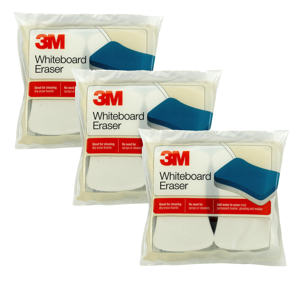3M Whiteboard Eraser Pads, 4-5/16in x 7-1/2in, White/Blue, Pack Of 2 Pads, Set Of 3 Packs