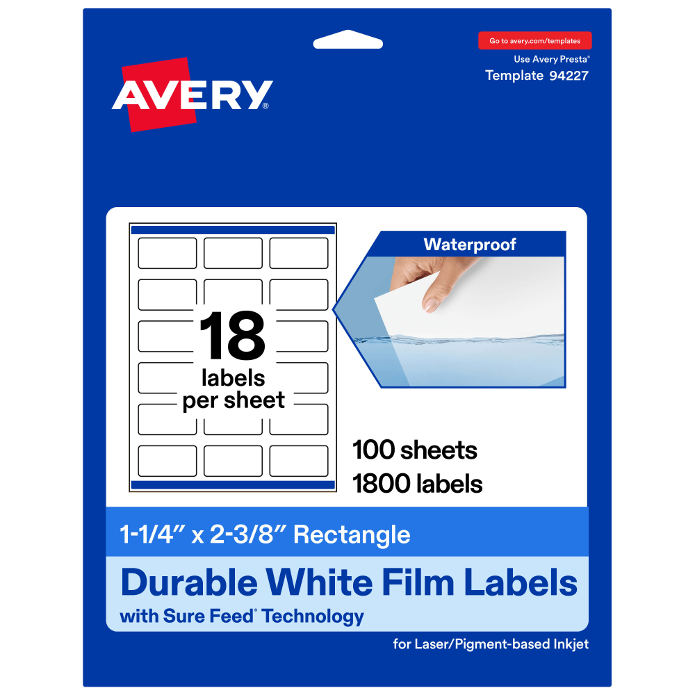 Avery Waterproof Permanent Labels With Sure Feed, 94227-WMF100, Rectangle, 1-1/4in x 2-3/8in, White, Pack Of 1,800