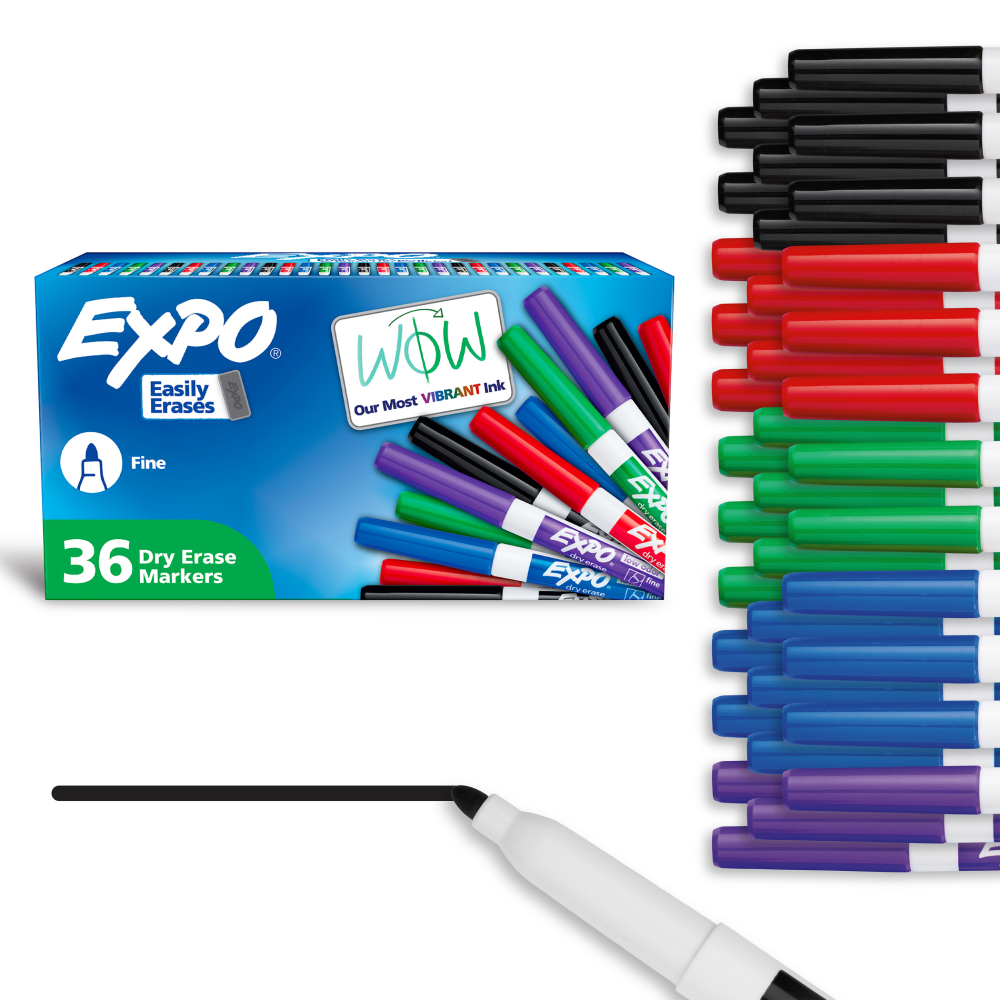 EXPO Dry Erase Markers, Low Odor Ink, Assorted Colors, Fine Tip, 36 Count