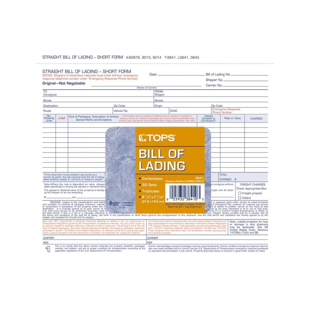 TOPS Bills of Lading Snap-Off Sets - 3 Part - Carbonless Copy - 8.50in x 7.44in Sheet Size - White Sheet(s) - Blue, Red Print Color - 1 Pack