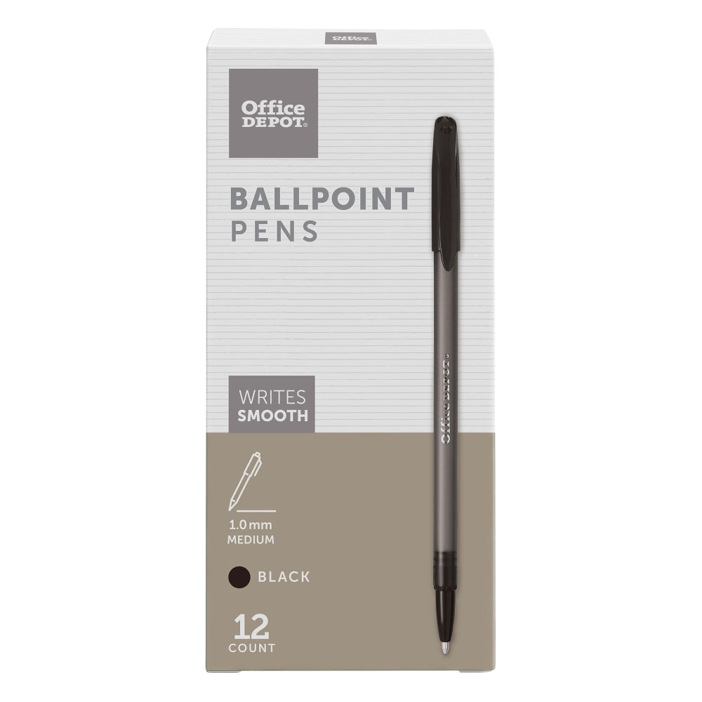 Office Depot Brand Tinted Ballpoint Stick Pens, Medium Point, 1.0 mm, Black Barrel, Black Ink, Pack Of 12