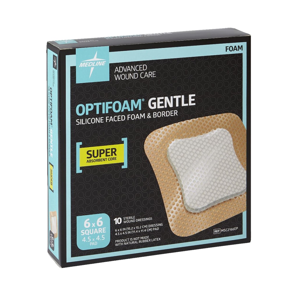 Medline Optifoam Gentle Silicone-Faced Foam & Border Dressings, 6in x 6in, Natural, Box Of 10