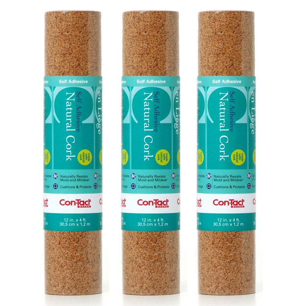 Kittrich Con-Tact Adhesive Rolls, 12in x 4ft, Cork, Pack Of 3 Rolls
