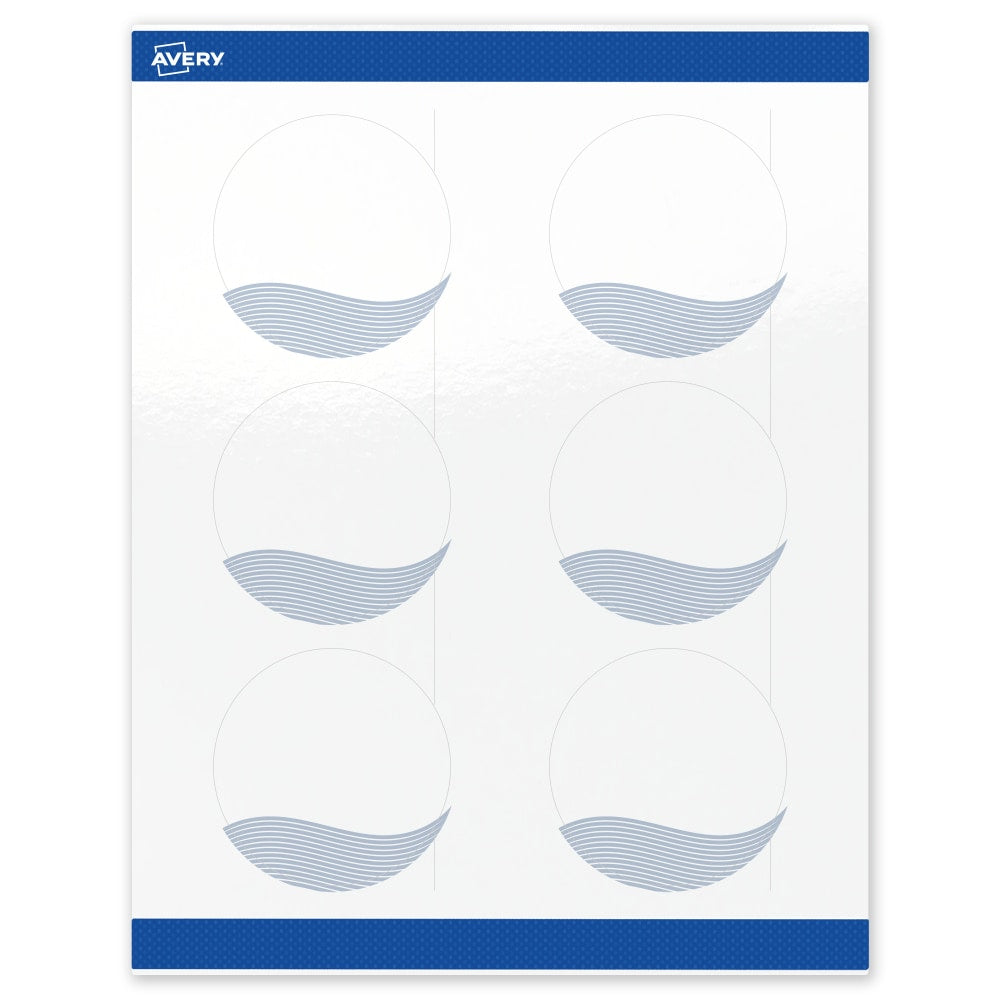 Avery Printable Labels With Sure Feed Technology, S00-EV1, Round, 3in, Glossy White With Preprinted Blue Waves Design, Pack Of 60