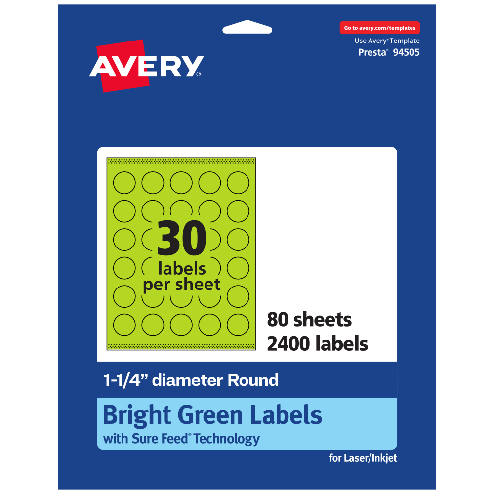 Avery Print-To-The-Edge Labels With Sure Feed Technology And Easy Peel Label Feature, 94505-BGP80, Round, 1-1/4in, Matte Bright Green, Pack of 2400