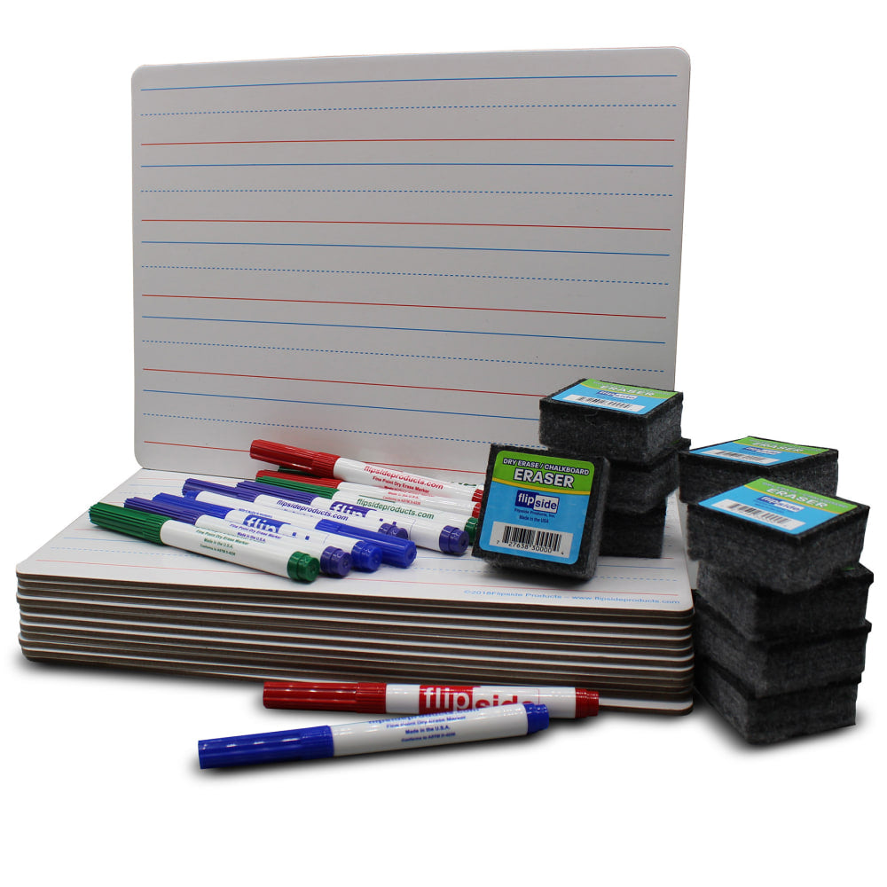 Flipside Products Magnetic 2-Sided Dry-Erase Boards With Erasers And Colored Pens, 9in x 12in, Red & Blue Ruled/Plain, Class Pack Of 12 Boards