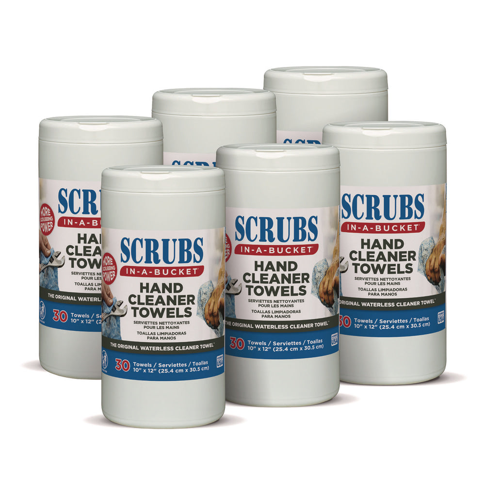 SCRUBS Hand Cleaner Towels, 1-Ply, 10 x 12, Citrus, Blue/White, 30/Canister, 6/Carton
