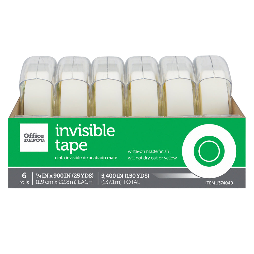 Office Depot Brand Invisible Tape With Dispenser, 3/4in x 900in, Pack Of 6