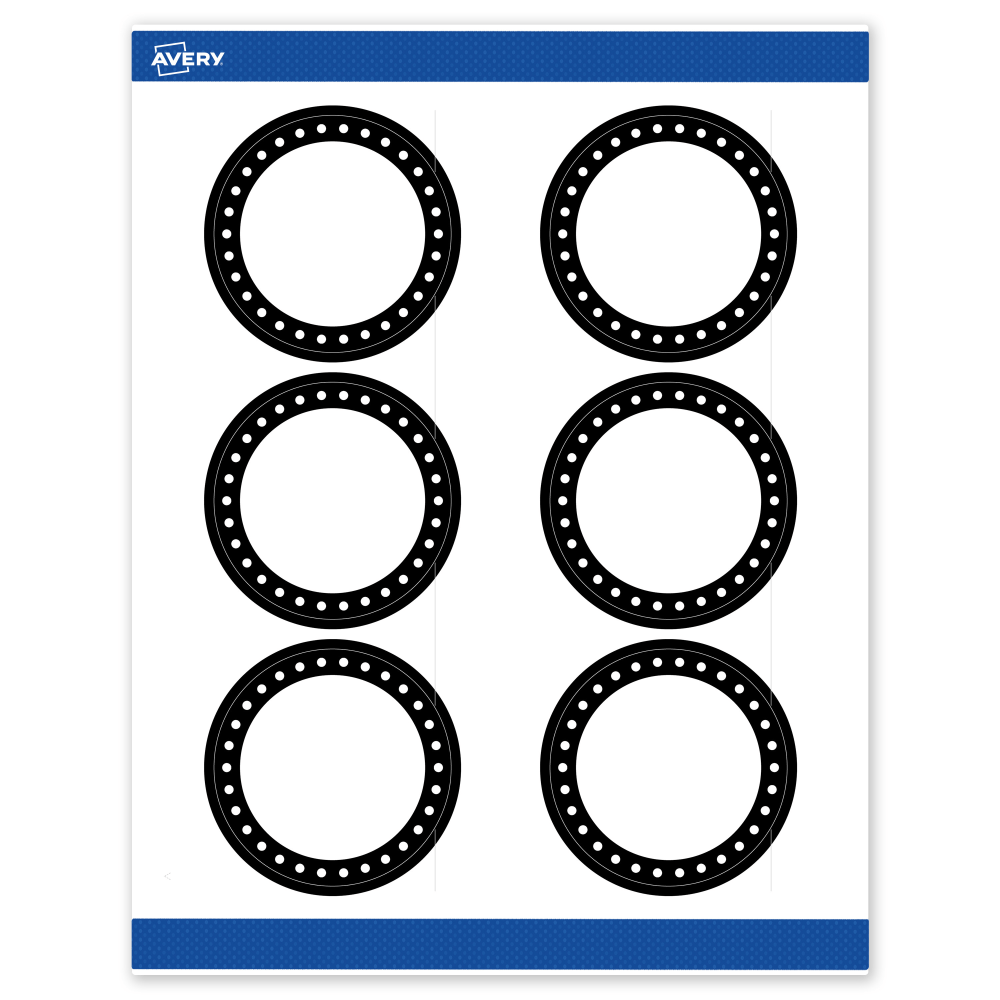Avery Print-To-The-Edge Labels & Sure Feed, S00-DKP-PRWMP10, 3in Round, Matte White, Preprinted Black & White Polka Dots Design, Pack Of 60