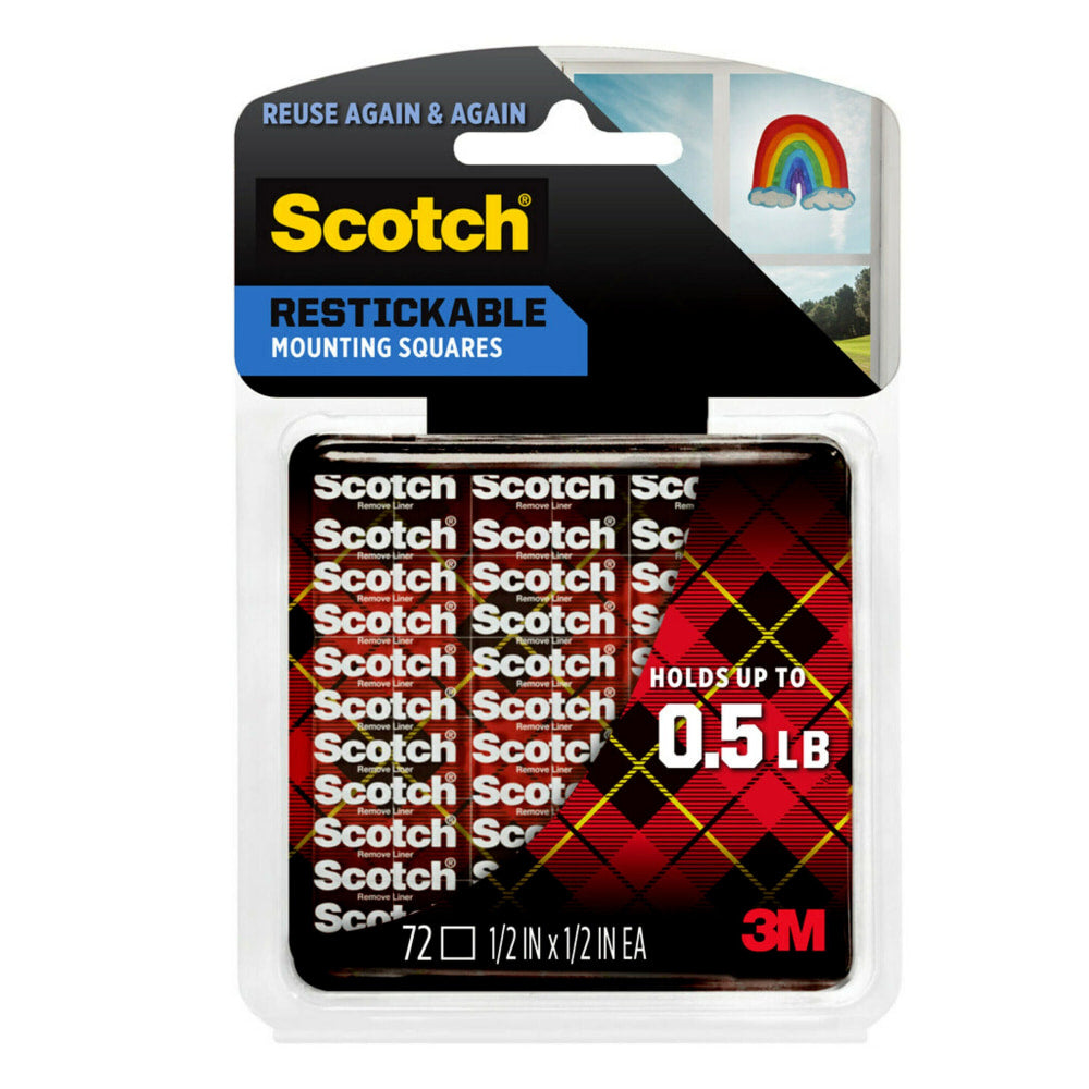 Scotch Restickable Mounting Squares, .5 x .5 in, 1 Pack, 72 Clear Squares/Pack, Reusable Mounting Tape, Holds up to .5 lbs, Multi-Surface Use