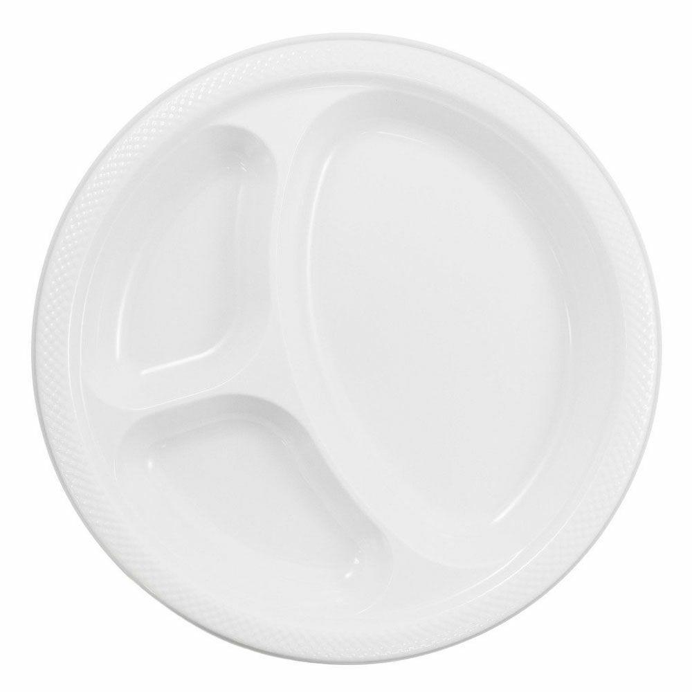 JAM PAPER Plastic 3 Compartment Divided Plates, Large, 10 1/4 inch, White, 20/Pack