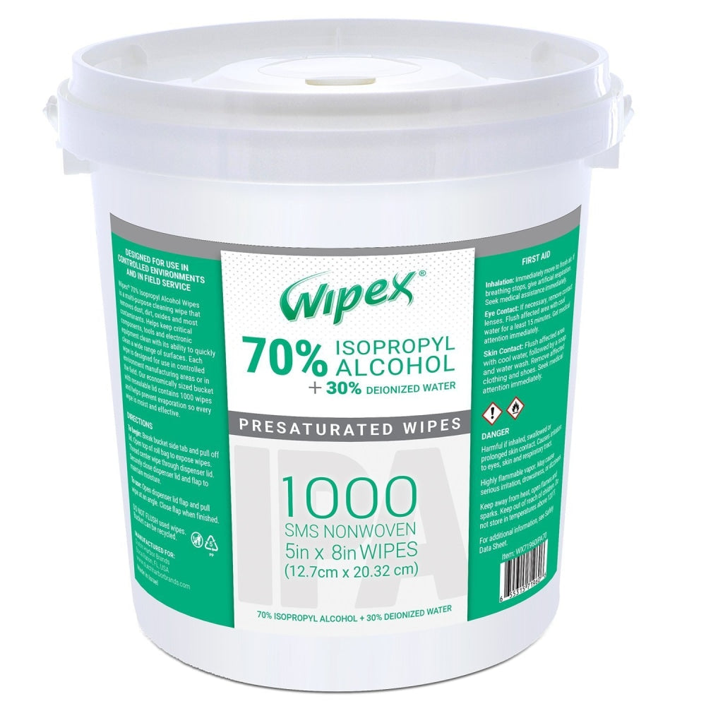 Wipex 70% Isopropyl Alcohol Wipes, 5in x 8in, Bucket Of 1,000 Wipes, Case Of 2 Buckets