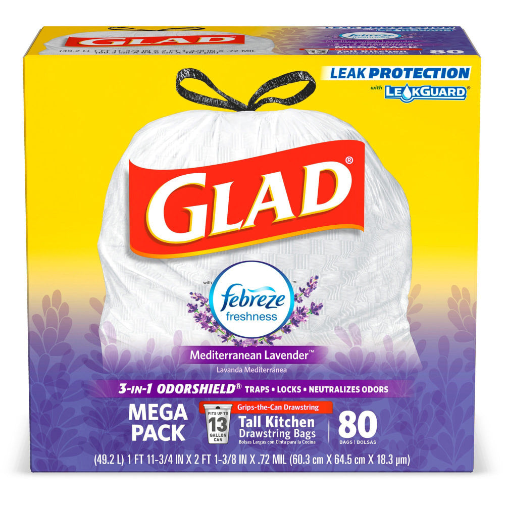 Glad OdorShield Tall Kitchen Drawstring 0.78-mil Trash Bags, 13 Gallons, White, Pack Of 80 Bags