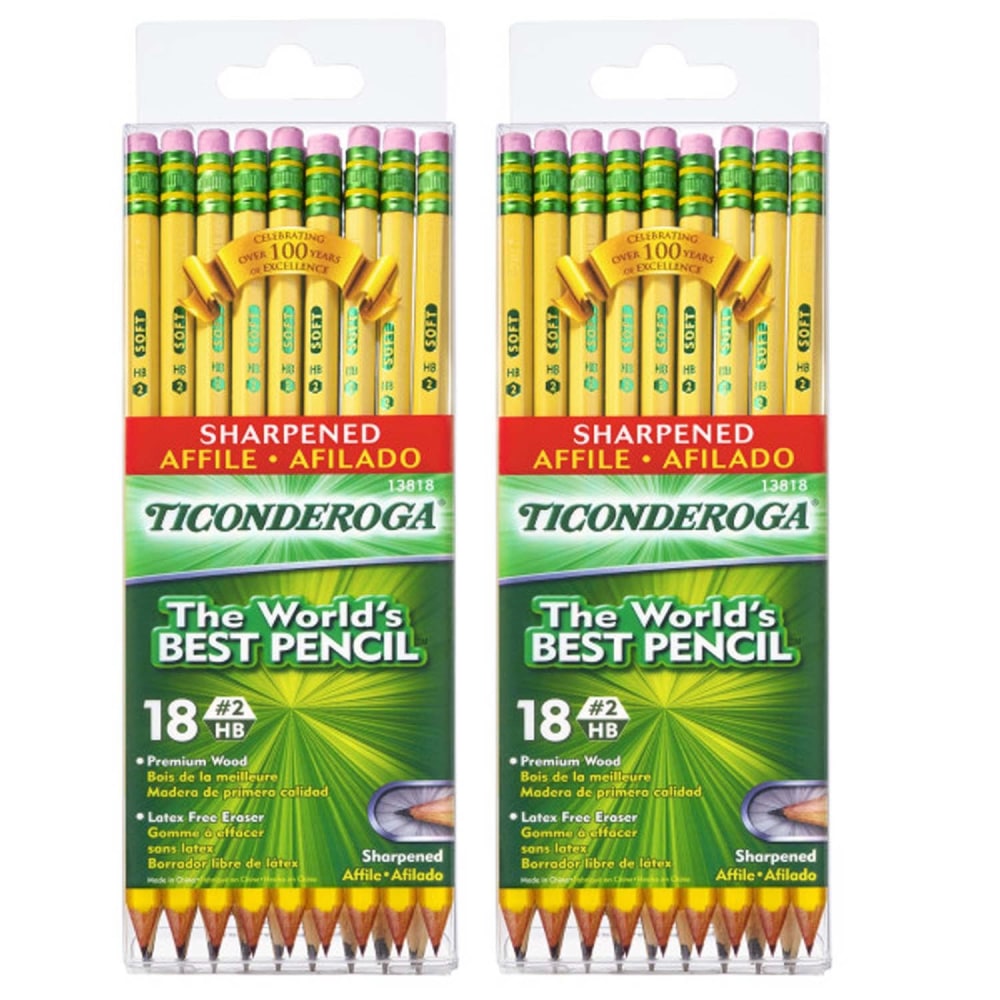 Ticonderoga Presharpened Pencils, #2 Soft, Yellow, 18 Pencils Per Pack, Set Of 2 Packs
